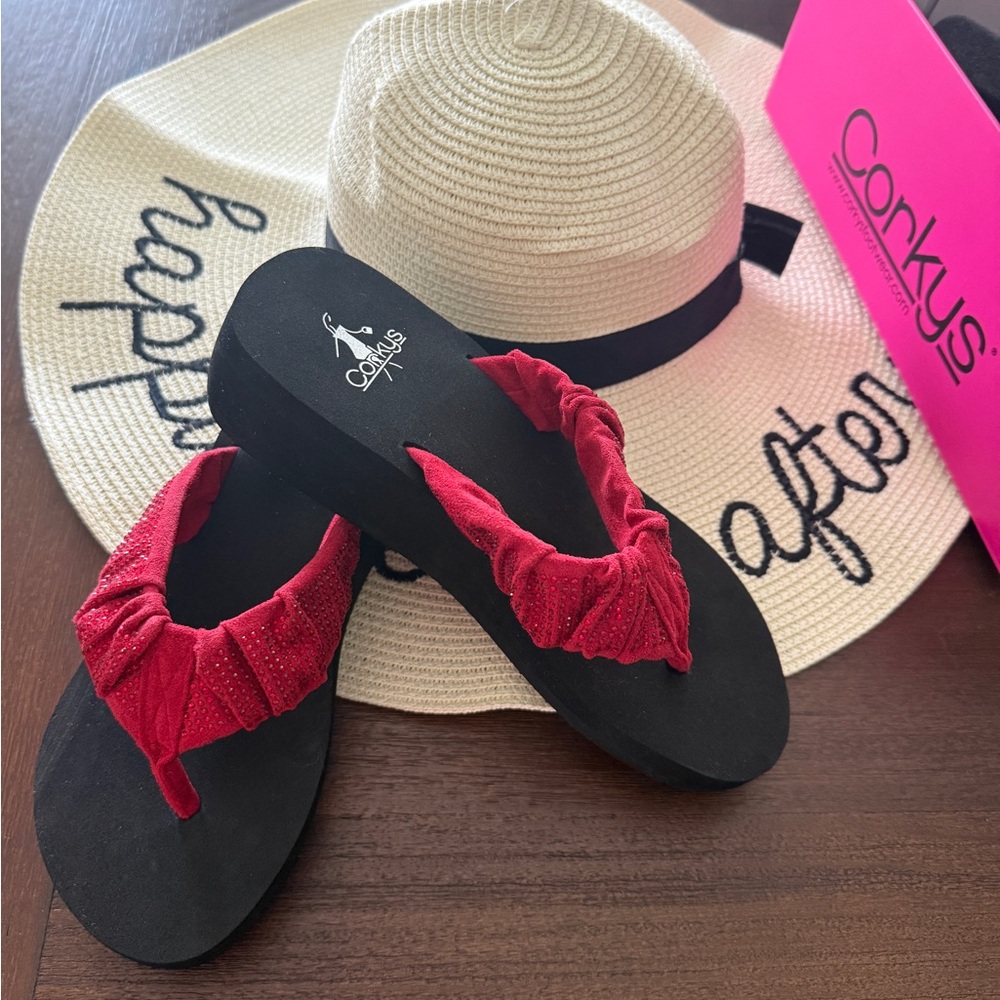 Corkys Vibrant Red and Black Flip Flops